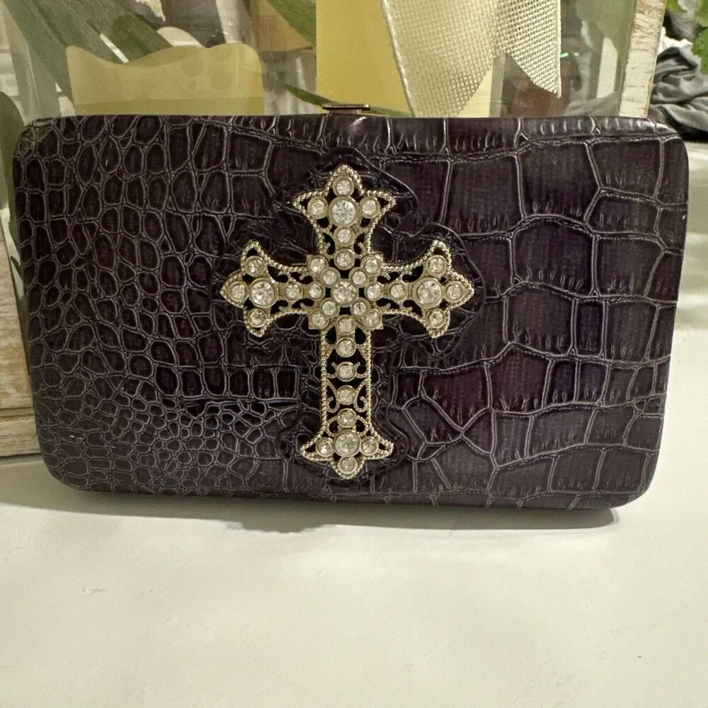 Vintage Women's Regency Wallet Bag Croc Faux Leather Embellished Rock Purple